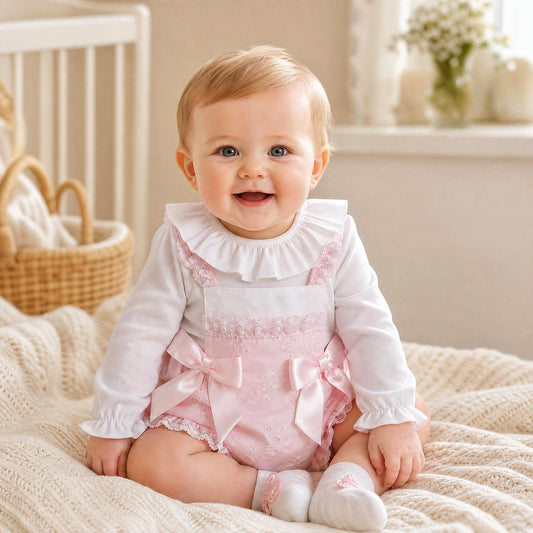 Baby Girls Pink Broderie Romper and White Shirt Set