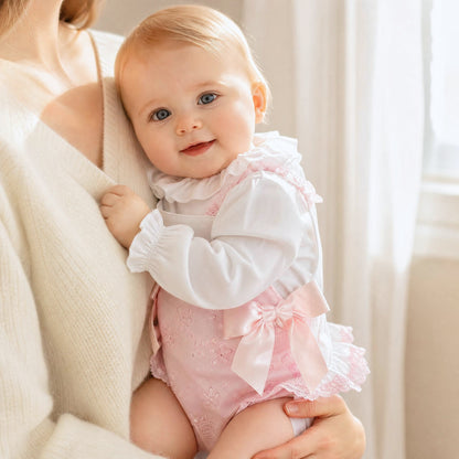 Baby Girls Pink Broderie Romper and White Shirt Set