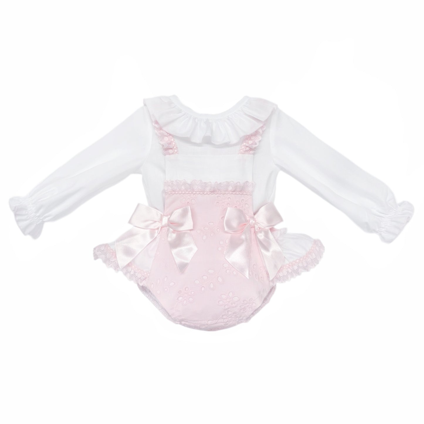 Baby Girls Pink Broderie Romper and White Shirt Set