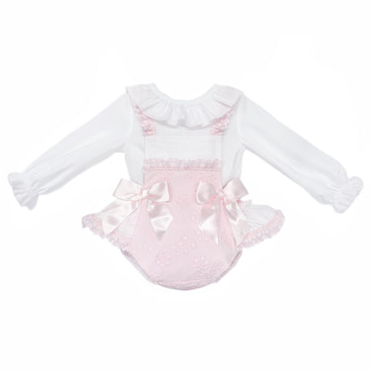 Baby Girls Pink Broderie Romper and White Shirt Set