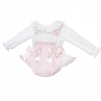 Baby Girls Pink Broderie Romper and White Shirt Set
