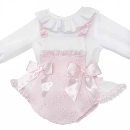Baby Girls Pink Broderie Romper and White Shirt Set