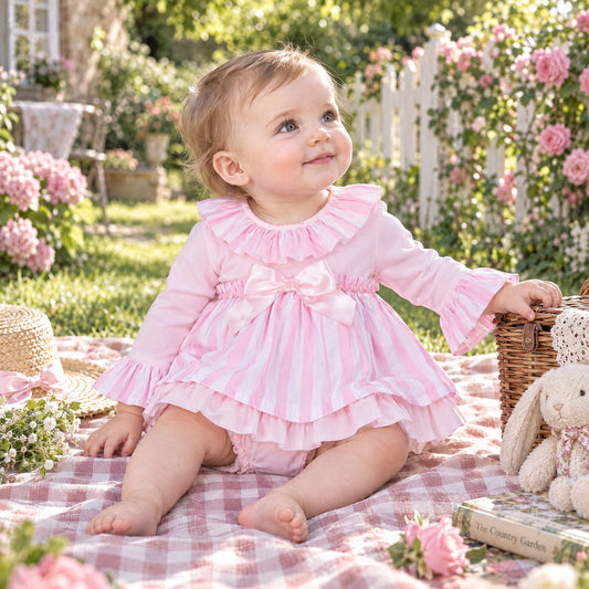 Baby Girls Pink Stripe Bow Dress and Pants Set