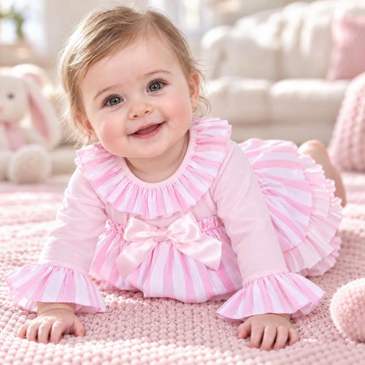 Baby Girls Pink Stripe Bow Dress and Pants Set