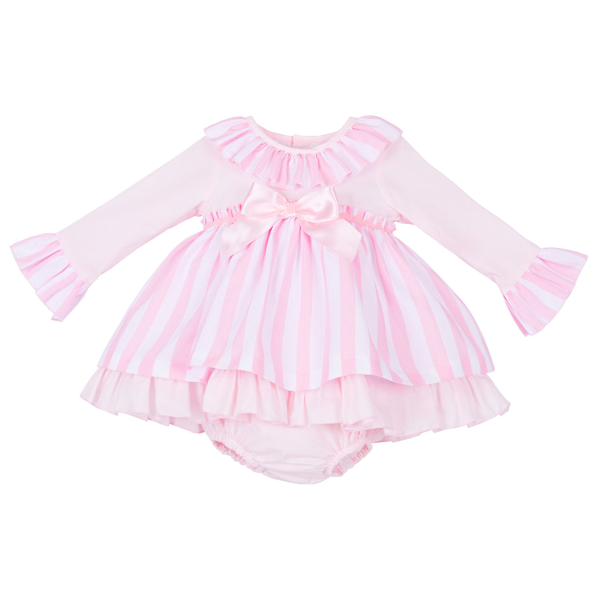 Pink and white striped baby dress with frilled collar, waist bow and matching pink pants