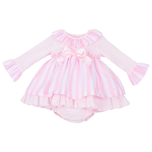 Pink and white striped baby dress with frilled collar, waist bow and matching pink pants