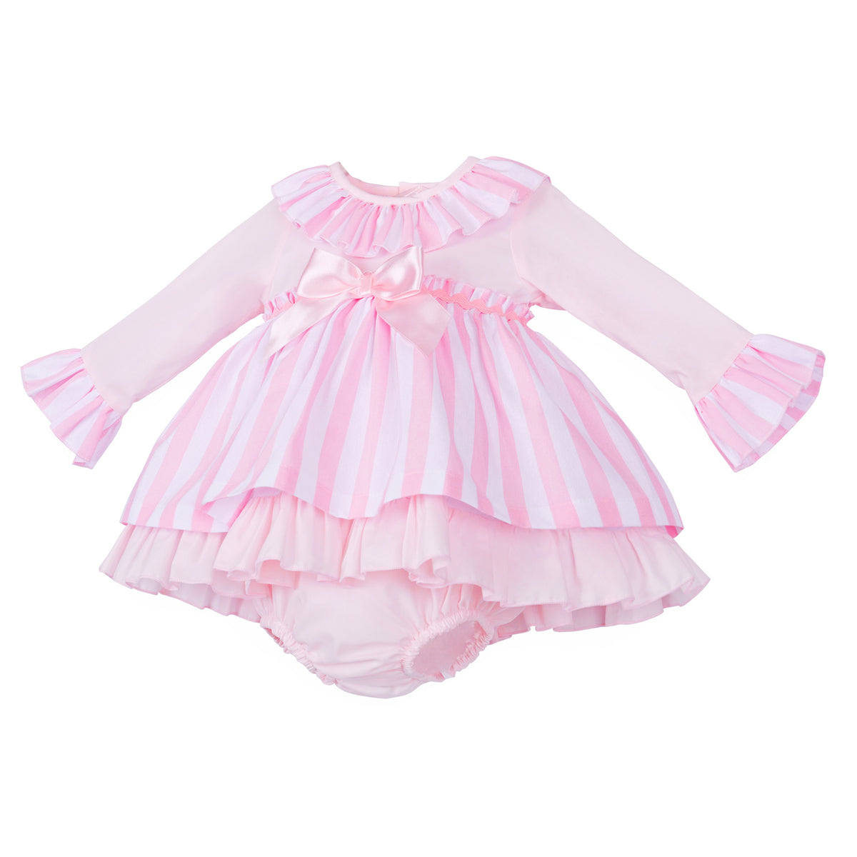 Angled view of the striped skirt, flared sleeve cuffs and plain pink hem frill