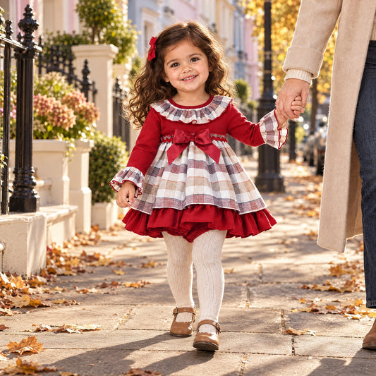 Baby Girls Burgundy Check Bow Dress and Pants Set
