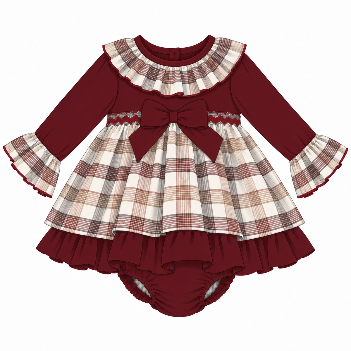 Design illustration of burgundy and cream checked baby dress with frilled collar, waist bow and matching pants