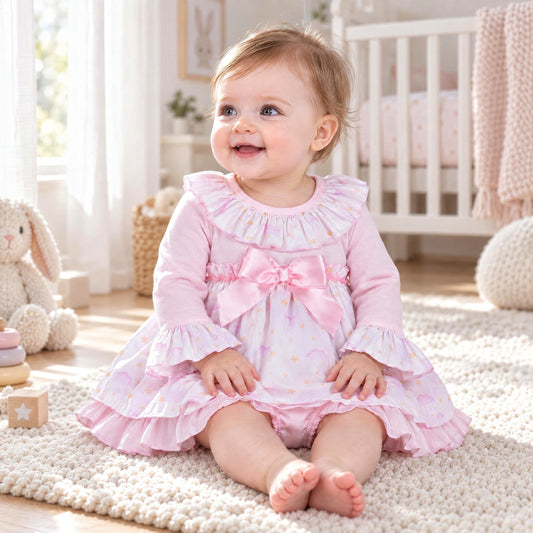 Baby Girls Pink Cloud and Star Dress and Pants Set