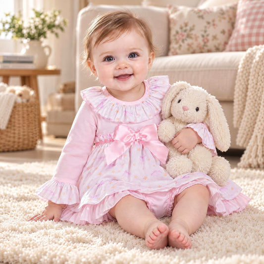 Baby Girls Pink Cloud and Star Dress and Pants Set