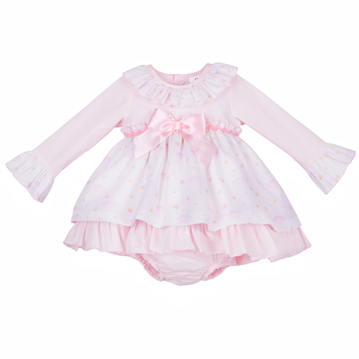Pink baby dress and pants with cloud and star print, frilled collar and central waist bow