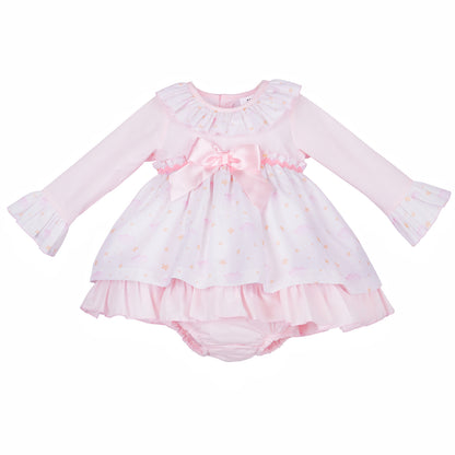 Pink baby dress and pants with cloud and star print, frilled collar and central waist bow