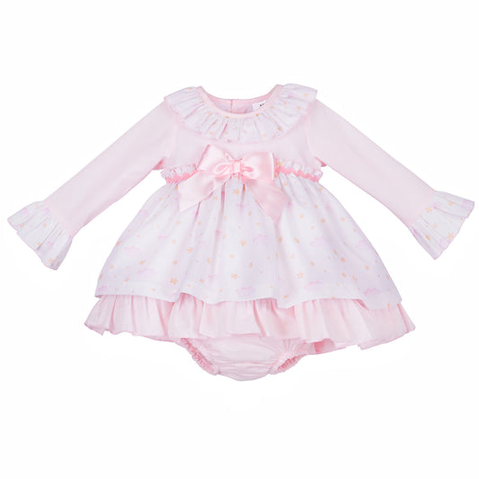 Pink baby dress and pants with cloud and star print, frilled collar and central waist bow