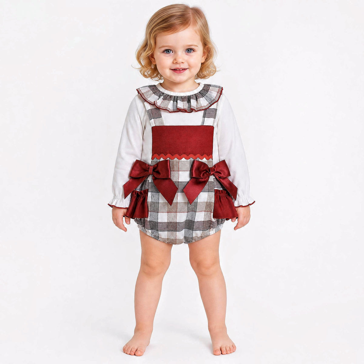 Baby Girls Red Tartan Bow Romper & Blouse Set