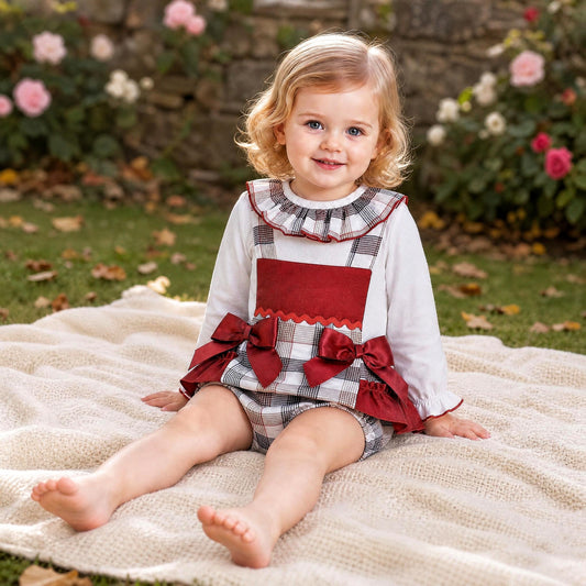 Baby Girls Red Tartan Bow Romper & Blouse Set