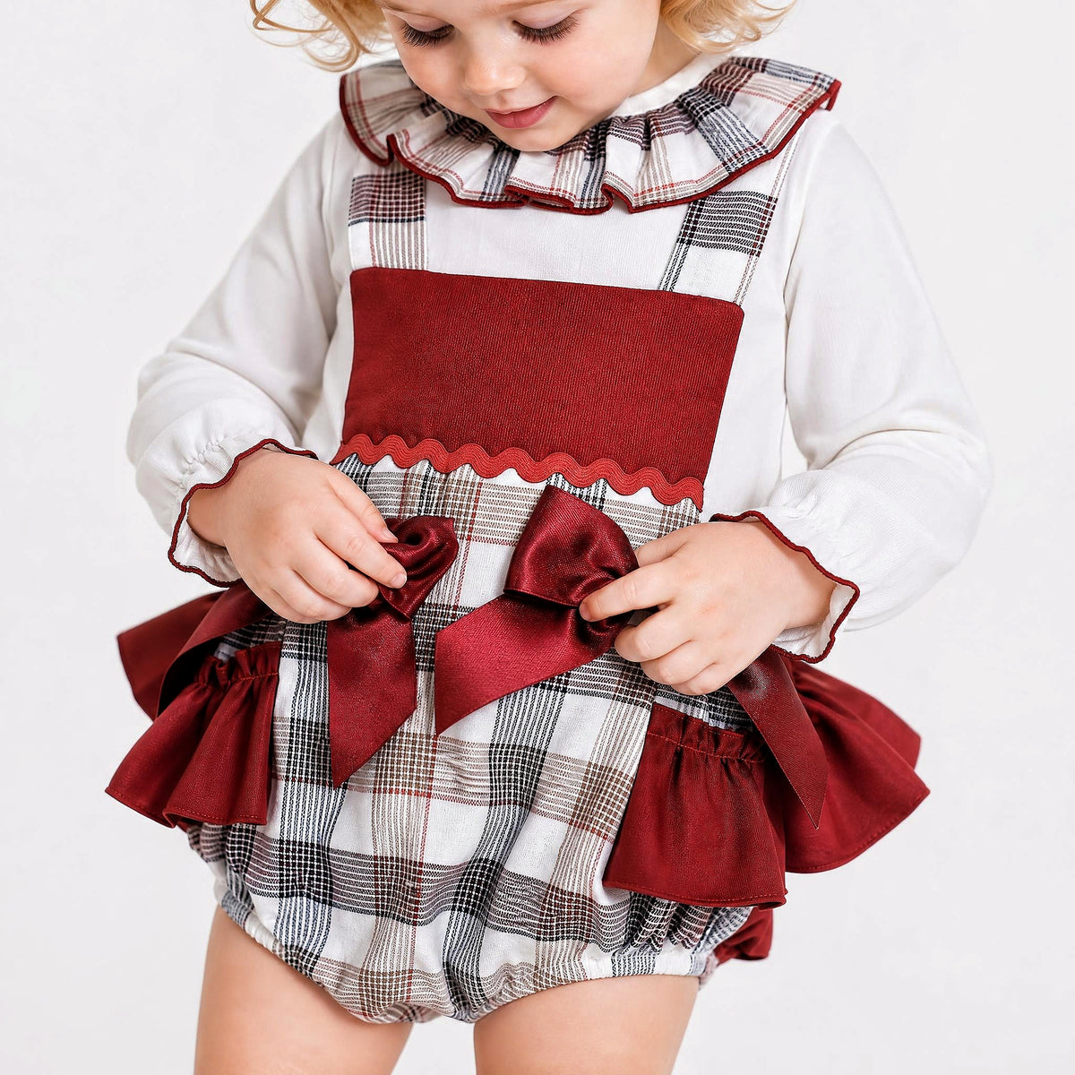 Baby Girls Red Tartan Bow Romper & Blouse Set