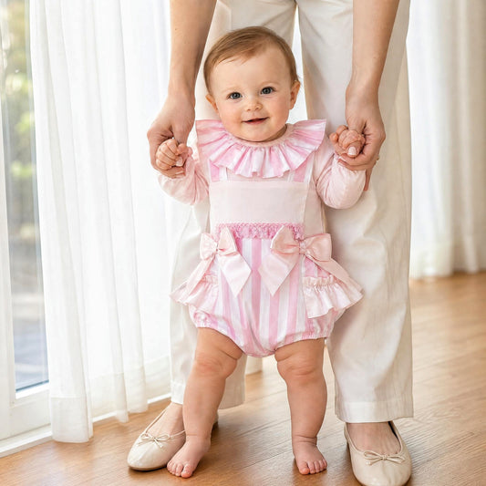 Baby Girls Pink Stripe Bow Romper & Blouse Set