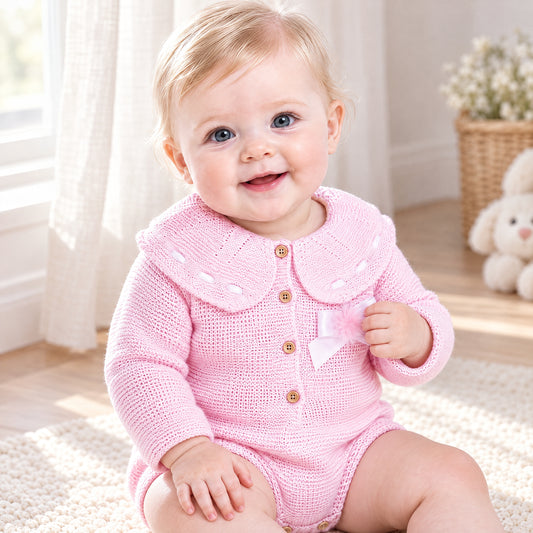 Pink Ribbon Collar Knitted Baby Romper
