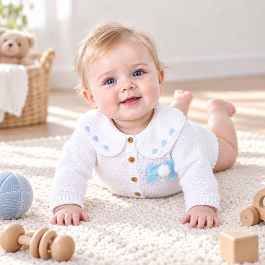 White and Blue Bow Knitted Baby Romper