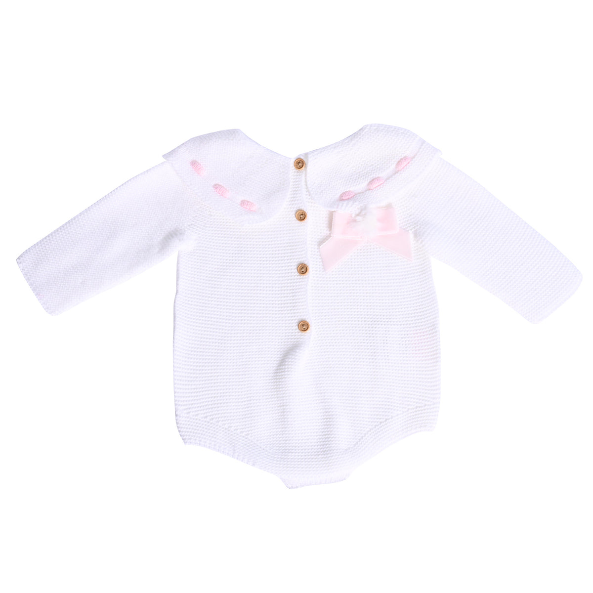 White Knitted Baby Romper with Pink Ribbon Collar