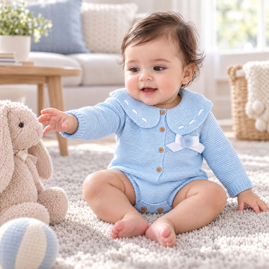 Blue Knitted Baby Romper with White Bow