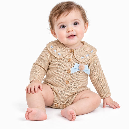 Camel and Blue Ribbon Knitted Baby Romper