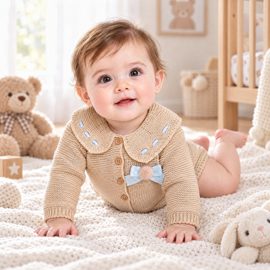 Camel and Blue Ribbon Knitted Baby Romper