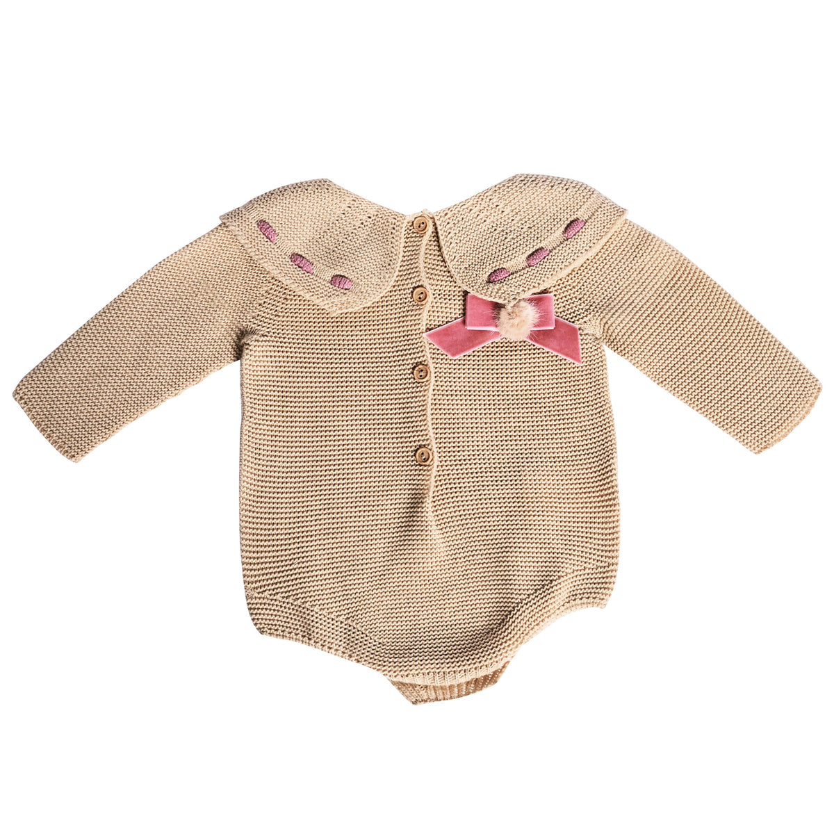 Camel Ribbon Collar Baby Romper with Pink Bow