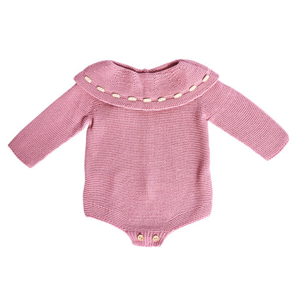 Dusty Pink Ribbon Collar Knitted Baby Romper