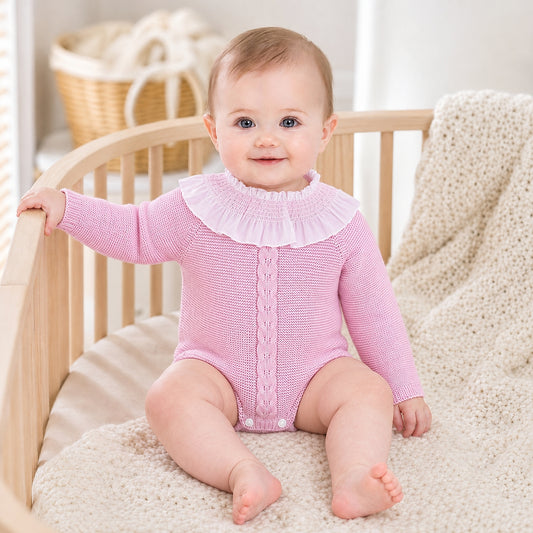 Baby Girls Pale Pink Knit Romper with Smocked Collar