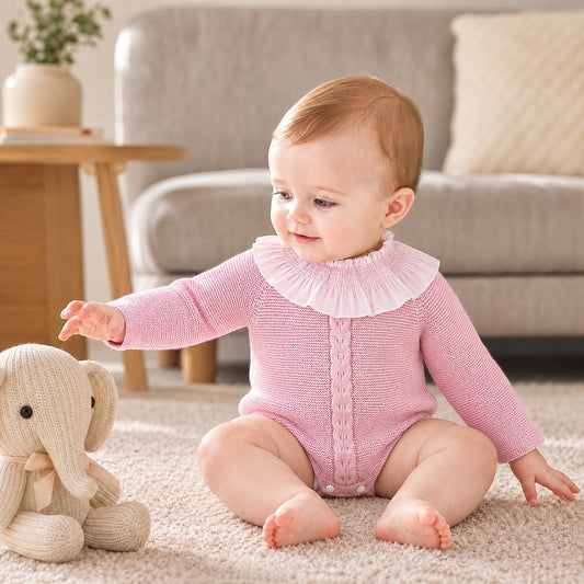 Baby Girls Pale Pink Knit Romper with Smocked Collar