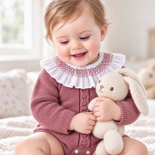 Baby Girls Dusky Rose Knit Romper with Smocked Collar
