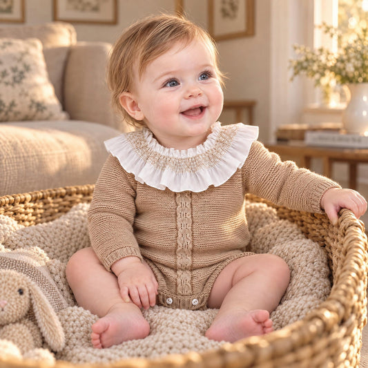 Baby Girls Camel Knit Romper with Smocked Frill Collar