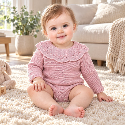 Baby Girls Pink Knit Romper with Scalloped Collar
