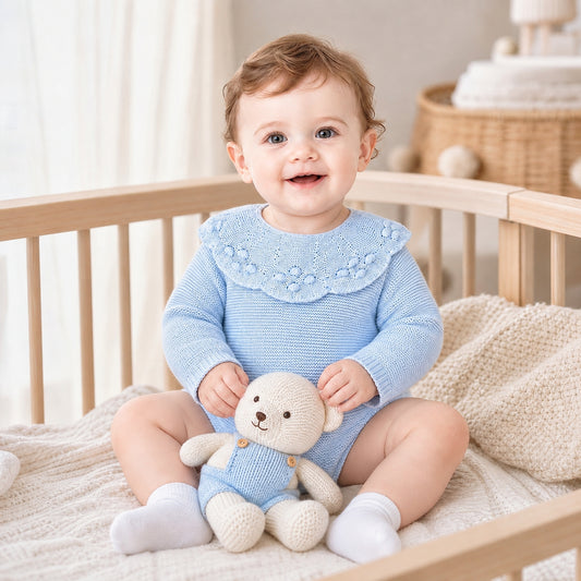 Baby Girls Pale Blue Knit Romper with Scalloped Collar