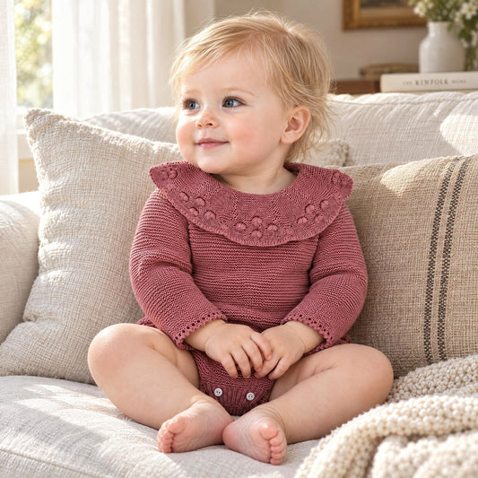 Baby Girls Plum Knit Romper with Scalloped Collar