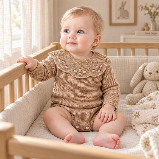 Baby Girls Camel Knit Romper with Scalloped Collar