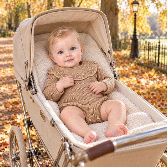 Baby Girls Camel Knit Romper with Scalloped Collar