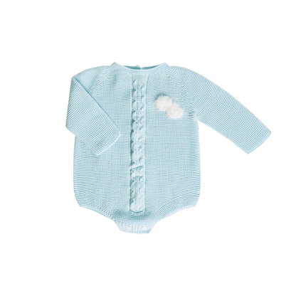 Pale Blue Cable Knit Baby Romper with Pom-Poms