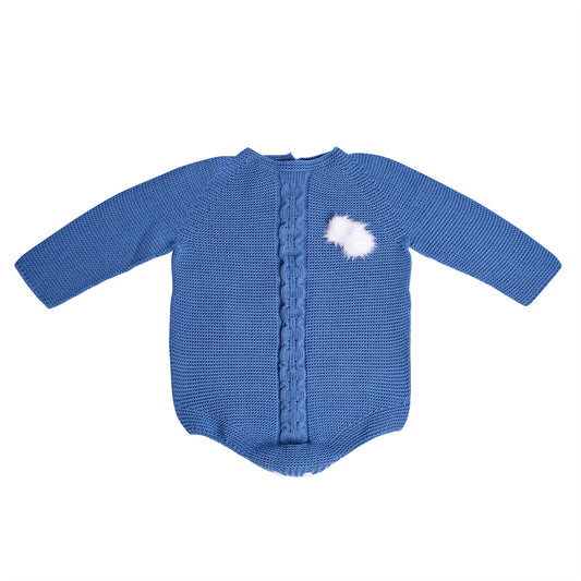 Blue Cable Knit Baby Romper with White Pom-Poms