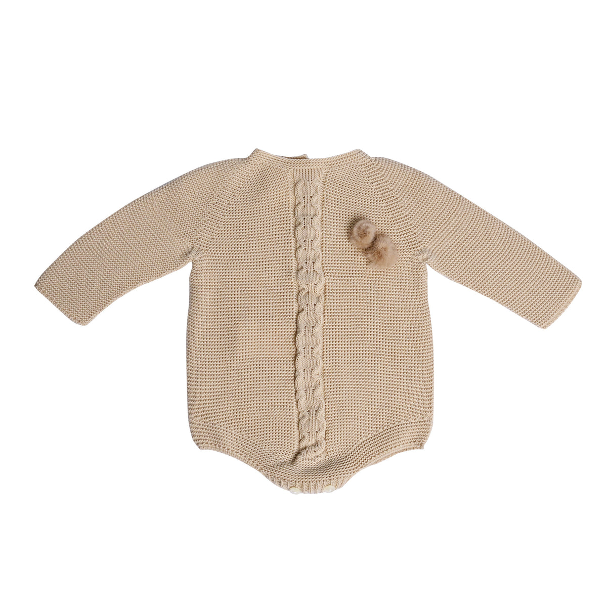 Camel Cable Knit Baby Romper with Twin Pom-Poms