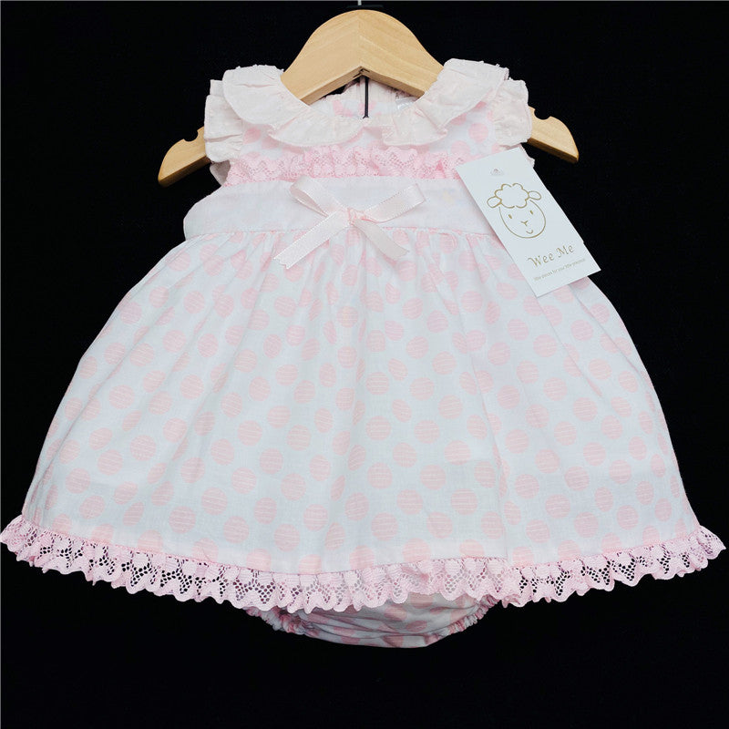 Baby Girls Pink Polka Dot Dress & Bloomer Shorts Set With Bow