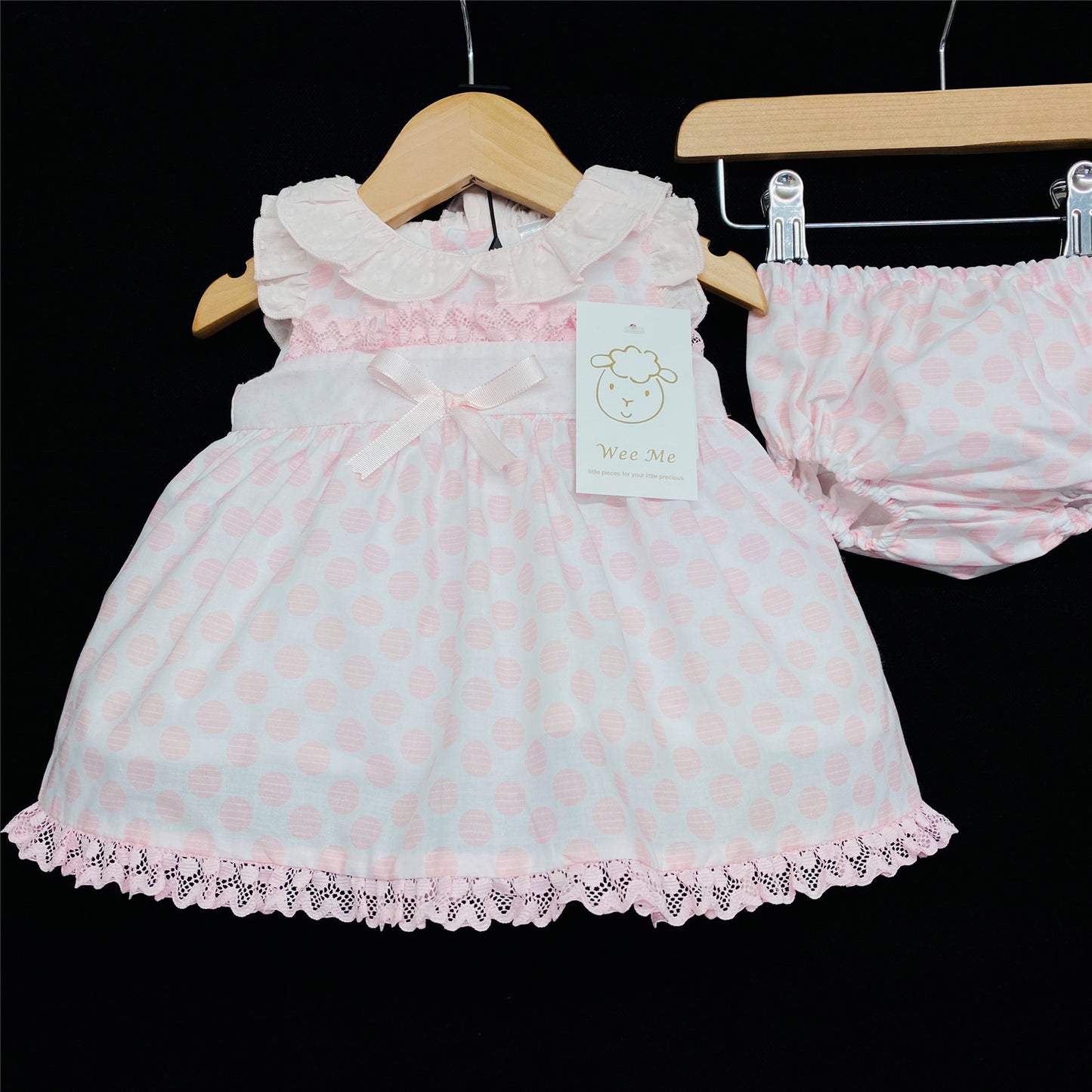 Baby Girls Pink Polka Dot Dress & Bloomer Shorts Set With Bow