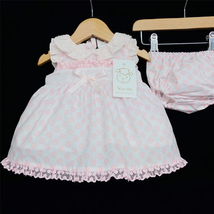 Baby Girls Pink Polka Dot Dress & Bloomer Shorts Set With Bow