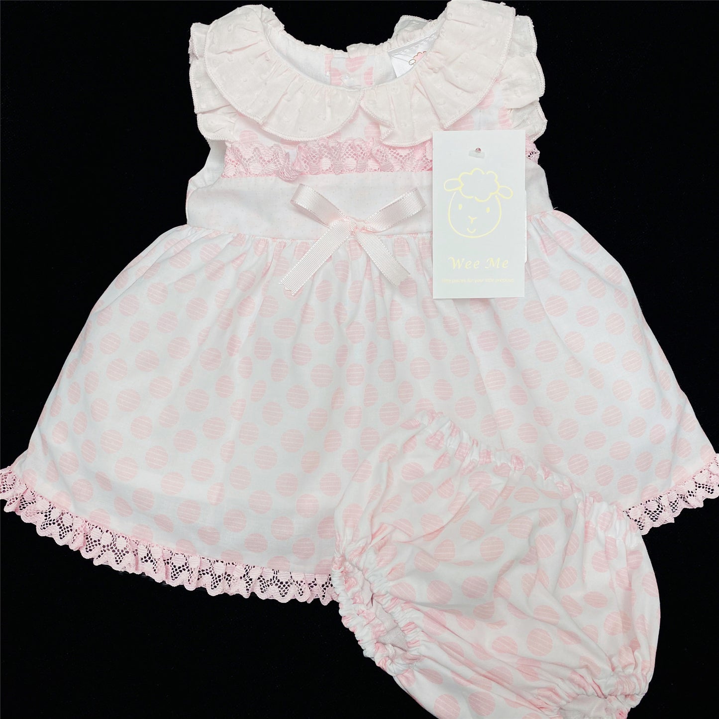 Baby Girls Pink Polka Dot Dress & Bloomer Shorts Set With Bow
