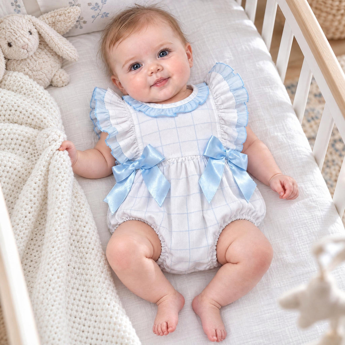 Blue Check Pattern Frilly Shoulder Romper