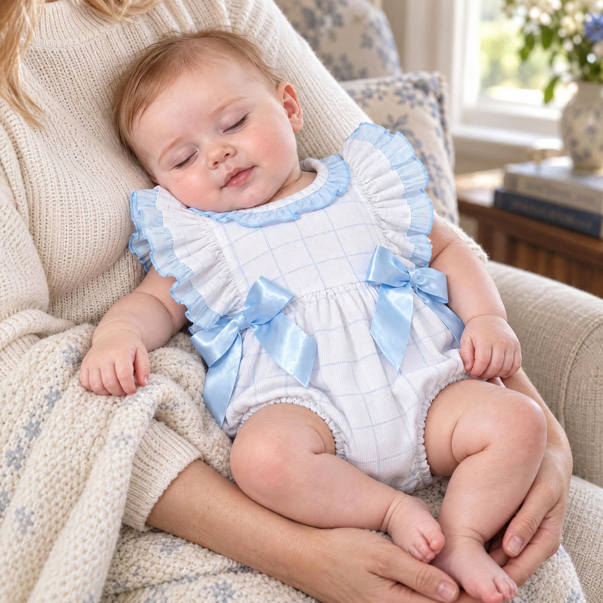 Blue Check Pattern Frilly Shoulder Romper