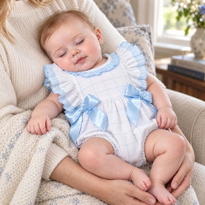 Blue Check Pattern Frilly Shoulder Romper