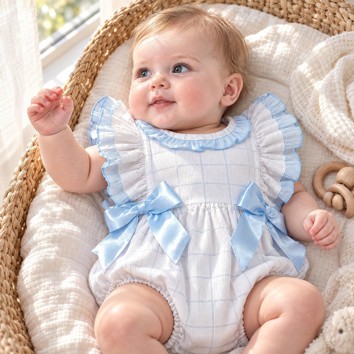 Blue Check Pattern Frilly Shoulder Romper